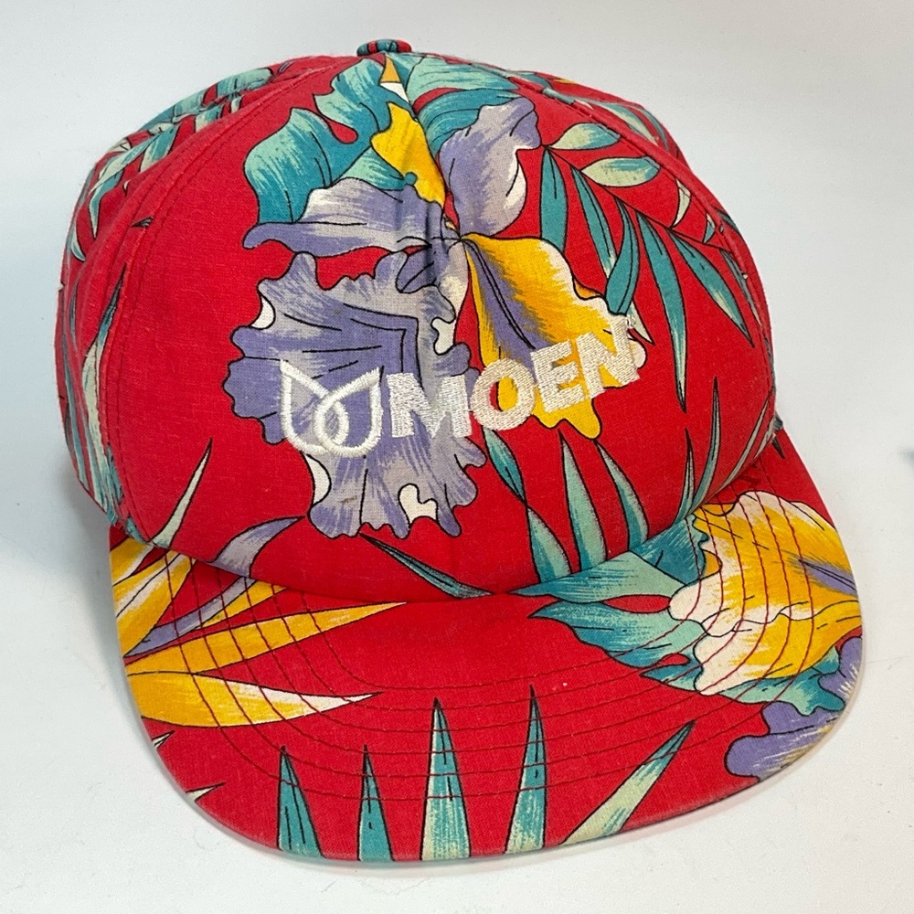 Vintage Moen Faucets Snapback Cap Red Hawaiian Floral Print Hat Cap FREE SHIP